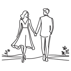 Couple Walking Holding Hands Line Art Romance Valentine's Day