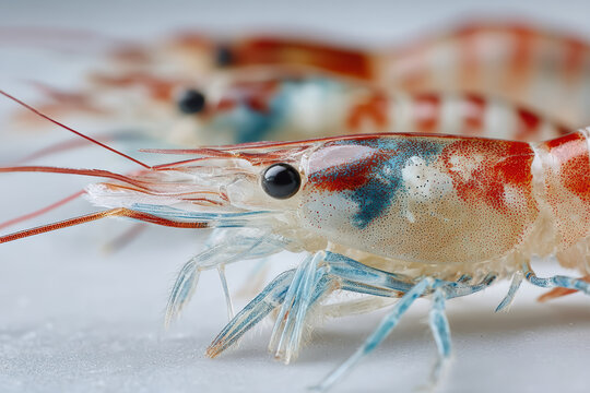 Close-up of fresh Palaemon serratus prawns on a white surface, highlighting their translucent shells and delicate features