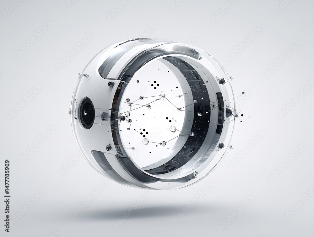 Poster complex transparent sphere with internal circuitry floating in a void space