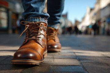 Man wearing stylish brown lace-up leather casual shoes, walking on a city street in natural sunlight, focus on the shoes and movement, high-resolution fashion image