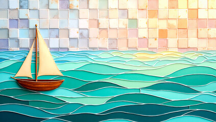 Obraz premium Earth-tone sailboat in vibrant emerald and turquoise sea with pastel sky evokes calm elegance