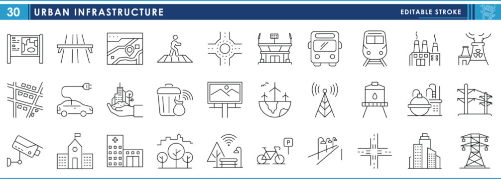 A set of line icons related to Urban Infrastructure. Services, building, planning, health, road, electricity, security, and so on. Vector editable stroke.