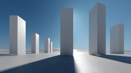 Abstract Geometric Pillars in the Sun: Minimalist composition of white geometric pillars against a bright blue sky, with long shadows cast, creating an ethereal, modern landscape.