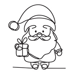 Continuous line drawing of Santa Claus holding a Christmas gift