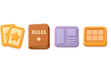 Isometric icon set: cards, rulebook, layout, calendar in 3d style