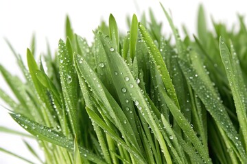 Fototapeta premium Wet green barley grass isolated on white – healthy plant photo