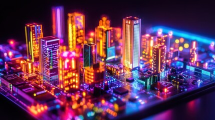 Neon Microchip Cityscape crafts a vibrant futuristic urban environment where glowing circuitry illuminates the city and holographic skylines add a dynamic layer to the scene.