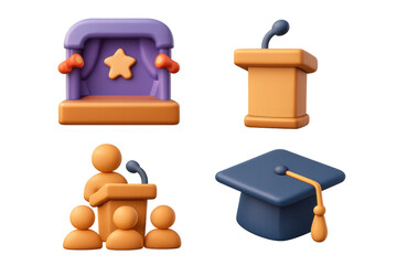 3d icons of podium, graduate cap, and award stage