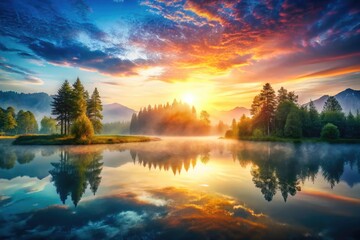 Fototapeta premium Double Exposure Sunrise Lake Panorama - Calm Water Reflection, Summer Nature Scene