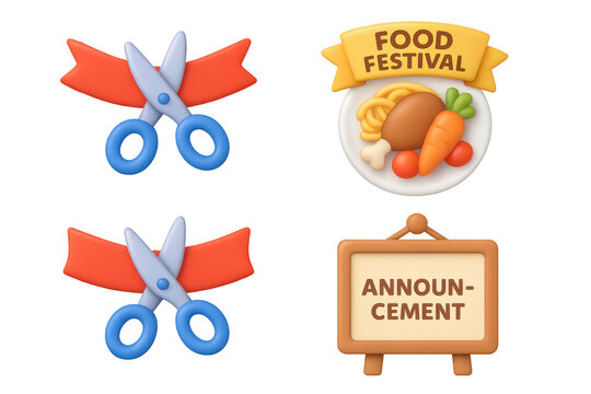Ribbon-cutting scissors and food festival announcement icons
