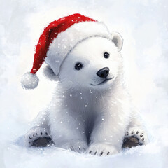 Fototapeta premium A sweet polar bear cub wears a Santa hat, enjoying a snowy and joyful Christmas scene.