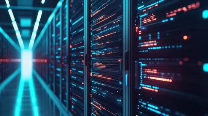 Fototapeta premium Network optimization strategies focus on enhancing performance and reducing latency, featuring dashboards that display performance metrics in a high-tech environment.