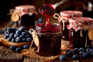 A spoonful of rich blueberry jam is lifted from a jar, surrounded by fresh blueberries and multiple jars on a wooden table in a cozy kitchen