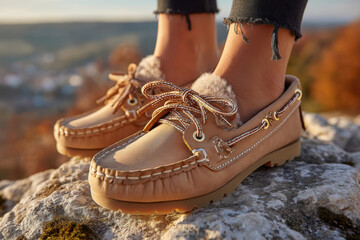 Naklejka premium Fashion product photo of beige leather moccasins on female legs in black pants, outdoor setting with soft natural light, casual chic style 2025