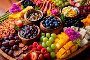 A vibrant assortment of fresh fruits, artisanal cheeses, meats, and garnishes is artfully arranged on a wooden board, perfect for summer gatherings. Guests can enjoy a variety of flavors