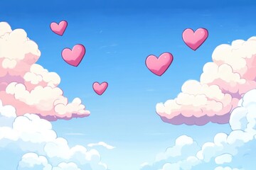 Obraz premium Cartoon Hearts Floating in a Blue Sky with Pink and White Clouds Dreamy Romantic Background Illustration