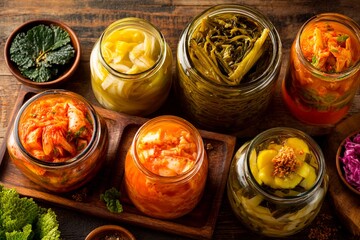 A variety of homemade pickled vegetables including kimchi, radish, and greens are showcased in...