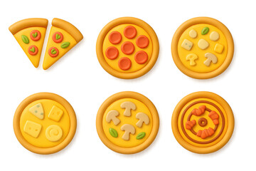 Colorful variety of pizza icons featuring toppings and slices