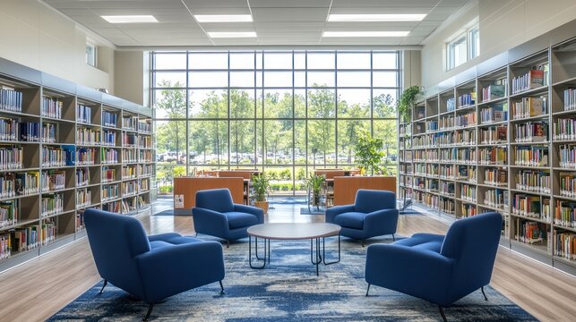 Modern library with comfortable seating and large windows