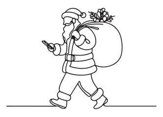 Trendy Santa Claus Using Smartphone Line Art Illustration Delivering Gifts
