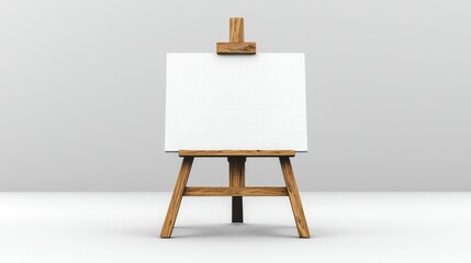 Wooden easel holding a blank canvas, neutral background