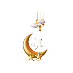 Golden Crescent Moon and Stars with Hanging Lanterns and Clouds - PNG Transparent