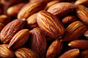 Fototapeta premium Tasty roasted sweet almonds in a big heap, detailed close-up view with natural light highlighting the crunchy surface and golden brown tones