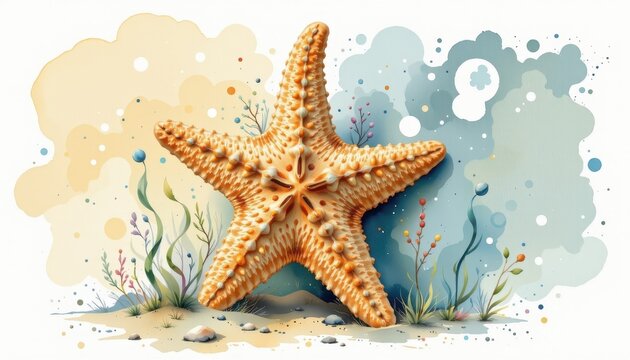 a whimsical illustration featuring a starfish, rendered in the soft hues of watercolor, against an isolated backdrop, inviting a touch of underwater magic.