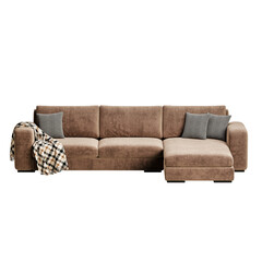 A brown sectional sofa with a plaid blanket on it