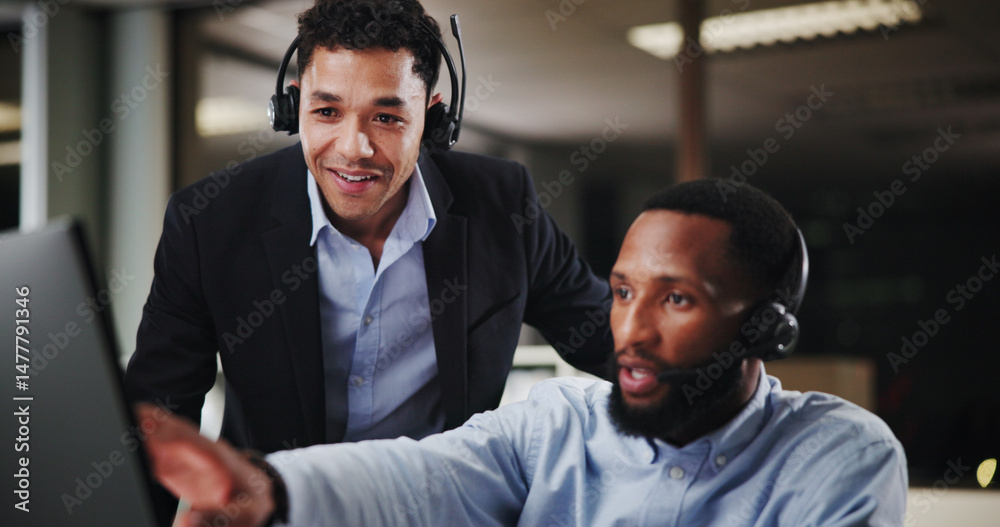 Poster call center, agent or training with manager on computer for customer service, consulting or sales ad