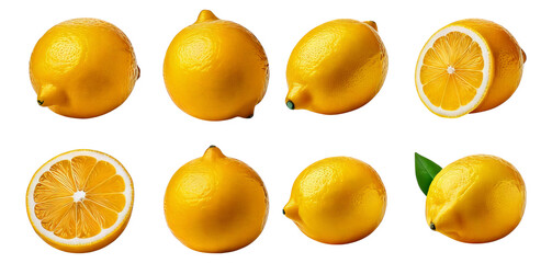 Fresh Yellow Lemons Whole and Sliced with Green Leaf Isolated, Isolated on Transparent, white background
