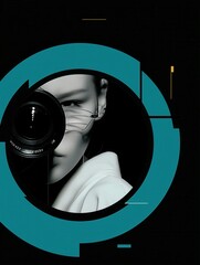 Futuristic Portrait of a Masked Photographer Through Geometric Interface