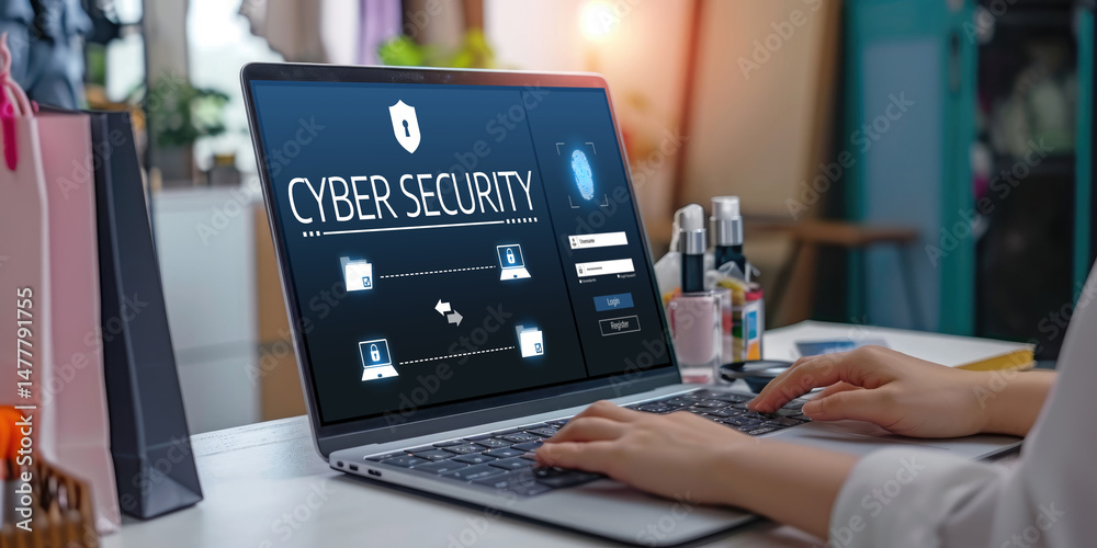 Poster cyber security system on computer screen protect private information brisk from hacker and cyber att