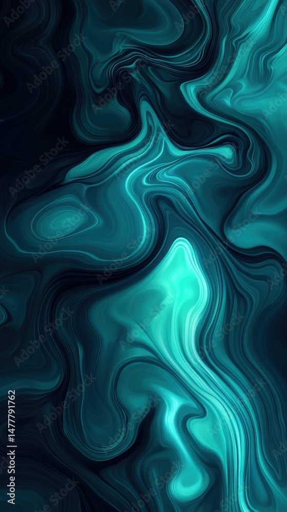 Wall mural abstract teal and black fluid art swirls creating a marble effect with smooth flowing lines and dept
