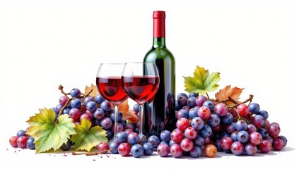 a watercolor painting of a bottle and glass of red wine, nestled amidst a bunch of plump, juicy grapes, isolated on a pristine white backdrop.
