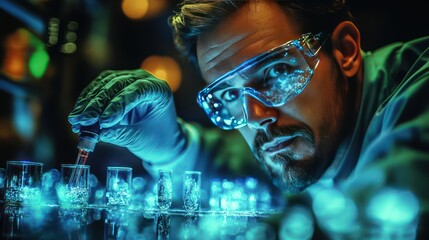 Scientist studies climate change in high-tech lab with digital maps of global temperatures.