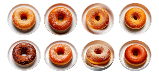 Assorted Delicious Donuts in Plates with Different Flavors and Toppings, Isolated on Transparent, white background