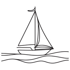Sailing Boat Silhouette Vector Illustration on Ocean Line Art