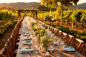 A long wooden table is beautifully arranged with elegant dishware and fresh flowers, set in a...