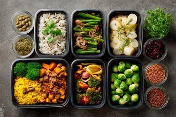 Variety of meal prep containers display colorful portions of nutritious food including rice, vegetables, and herbs on a kitchen countertop. Attention to balanced meals is evident