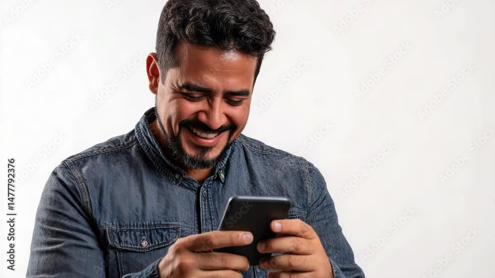 Poster a person smiling and entertained by their mobile device