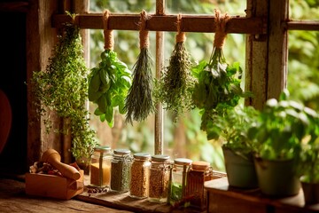 Freshly harvested herbs are displayed hanging by a wooden window while jars of colorful spices sit...