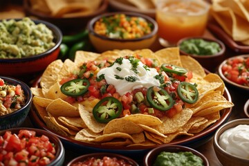Loaded Tex-Mex Nachos Platter Shared at Festive Table with Friends