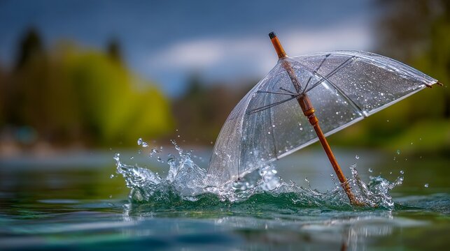 A clear umbrella is floating in the water, with water splashing around it