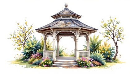 a watercolor clipart rendering of a charming garden rotunda, its delicate curves and whimsical architecture set against a pristine white backdrop.