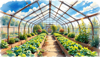 a watercolor hued illustration showcases a tranquil garden greenhouse, where rows of verdant vegetable beds stretch out towards a vibrant, blue sky, bathed in the soft glow of sunlight.