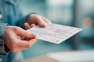 A person is holding an official document while standing in a well-lit office. The document appears to contain important information, possibly related to work or personal affairs