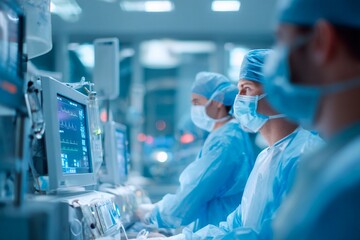 Medical staff in surgical scrubs and masks focus intently on monitors displaying vital patient information in a bustling hospital environment