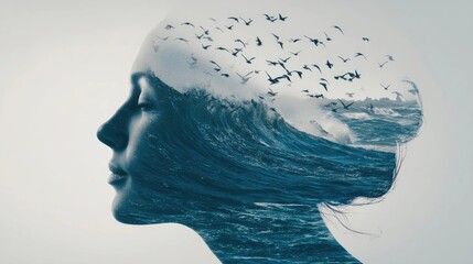 Woman embracing freedom with ocean waves and flying birds representing inner peace