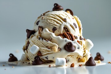 Delicious scoop of rocky road ice cream with chocolate chips and marshmallows